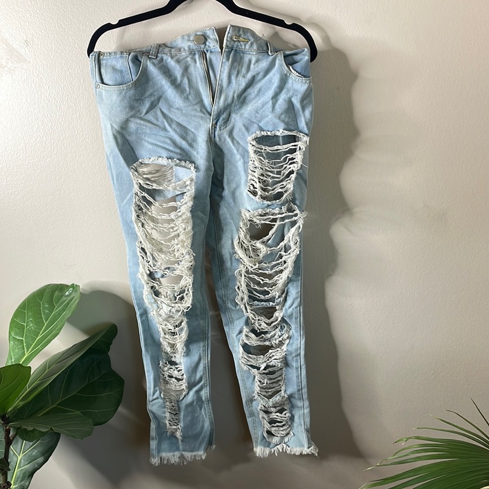 PLT overly distress light wash bootcut jeans
